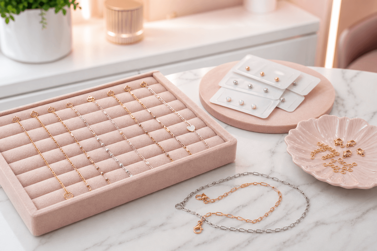 Permanent jewelry chains, charms, and ear piercing studs arranged on a blush studio tray